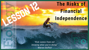 This is the header image for Fiology Lesson Diversification and Mitigating Risks of Financial Independence. It depicts a man surfing to indicate risk taking.