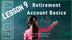 This is the header image for the Fiology Lesson Types of Retirement Accounts to Retire Early. It depicts a young girl at a chalkboard writing A B C D to indicate that someone is learning the basics of a topic.