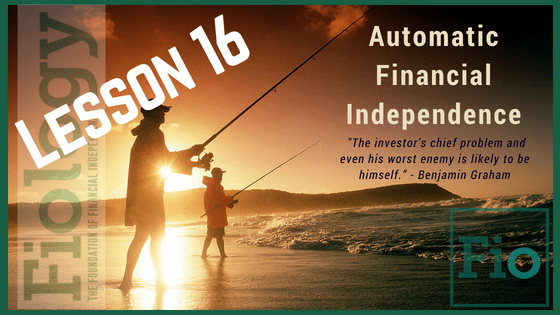 This is a header image for Fiology Lesson Automate the Boring Stuff for Financial Independence. It depicts two men fishing from the shore of the ocean to indicate they have more time to spend doing what they value.