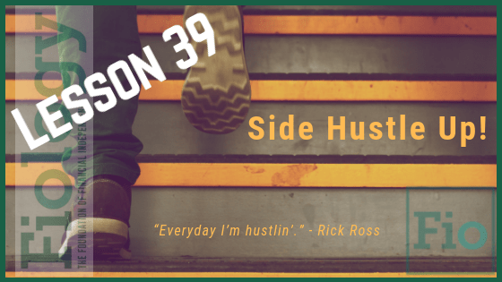 This is a header image for Fiology Lesson Side Hustles To Make Extra Money and Retire Early. It depicts a person hustling up stairs to represent being motivated to accomplish a goal.