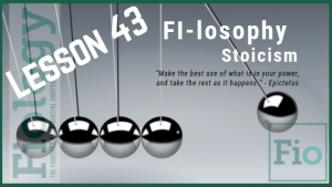 This is a header image for the Fiology lesson Stoicism: The Philosophy of Financial Independence. The image depicts metal balls transferring energy to depict observing reaction to stimuli.